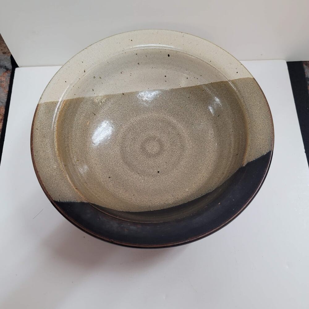 Handmade 1980s art pottery earthtone Signed Rusty 80 bowl 8.5" Brown Cream Tan